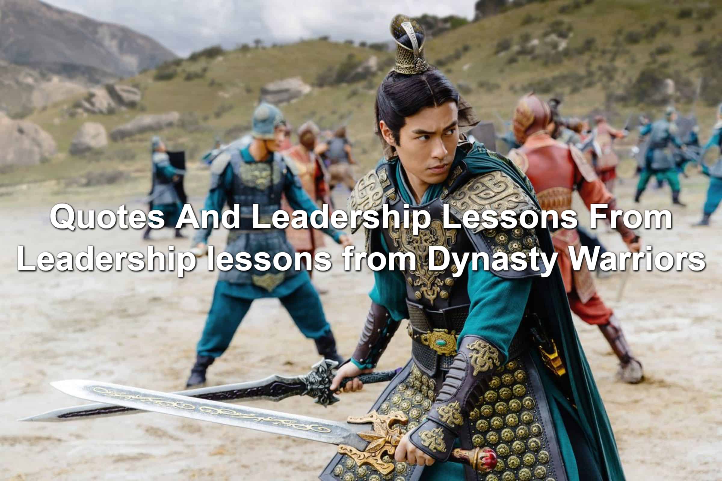 Still from Dynasty Warriors movie. Warrior in a heroic pose.