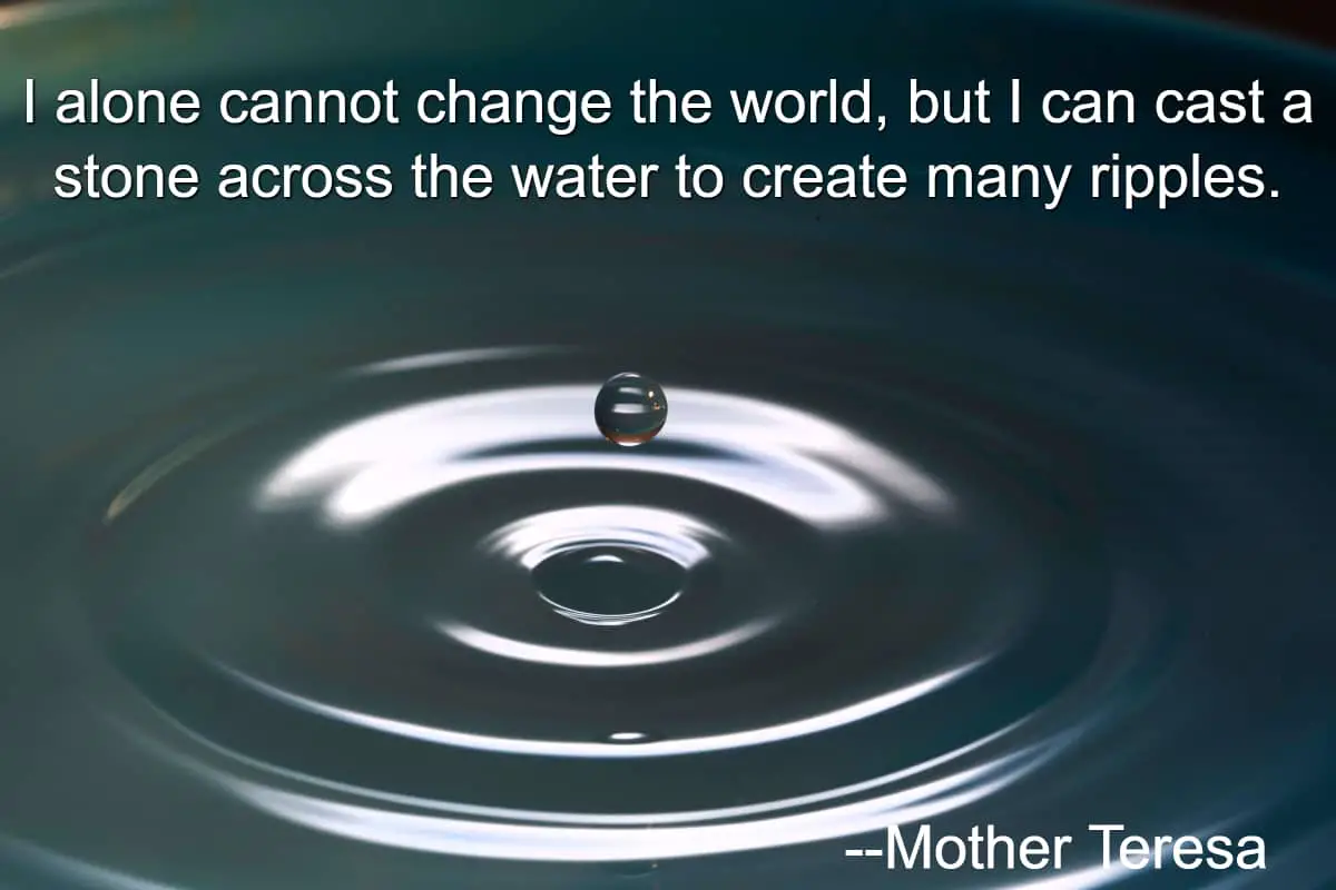 Image with Mother Teresa quote - I alone cannot change the world, but I can cast a stone across the water to create many ripples.
