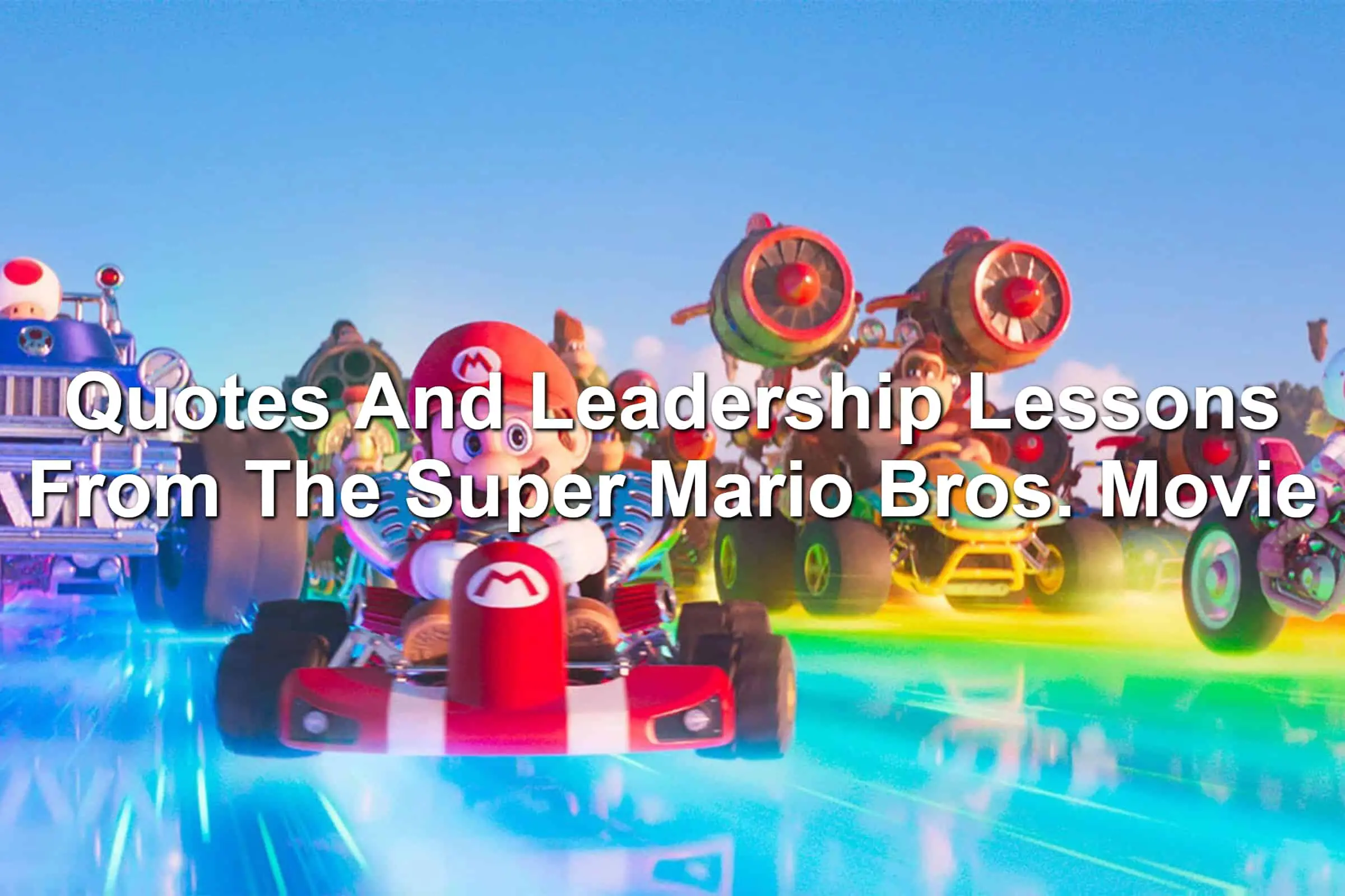 Scene from The Super Marion Bros. Movie. Heroes of the movie including Mario, Toad, and Donkey Kong in Mario Kart vehicles on Rainbow Bridge.