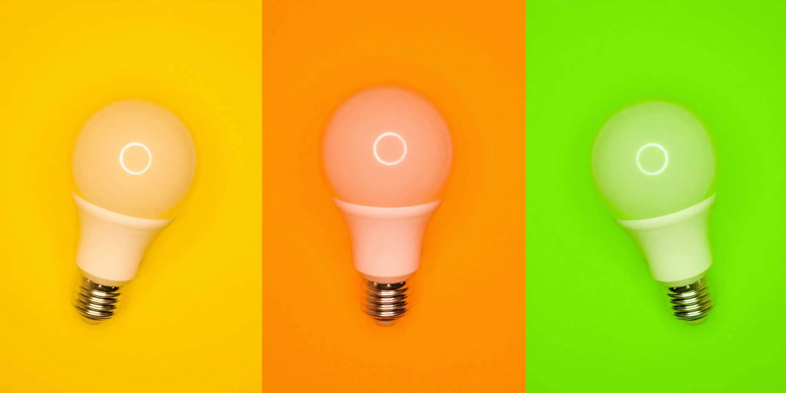 Three light bulbs. Each have a different background. One yellow, orange, and green.