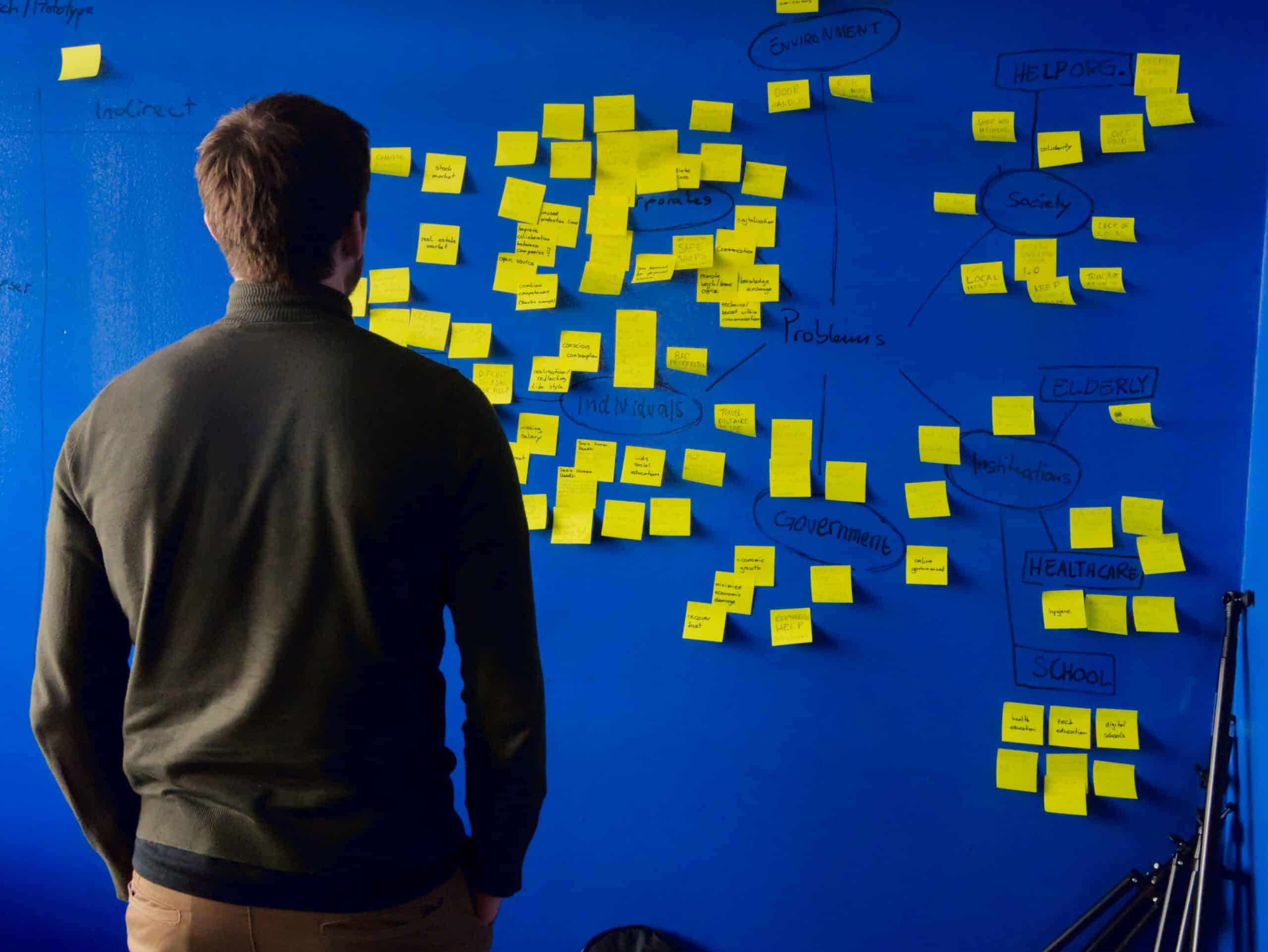 Man looking at a blue wall with yellow post-it notes on it.