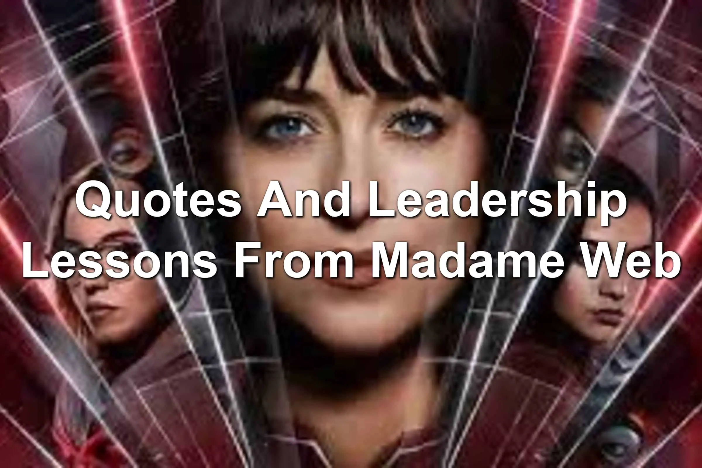 Red background, webbing spinning out with multiple characters from Madame Web movie featured in image