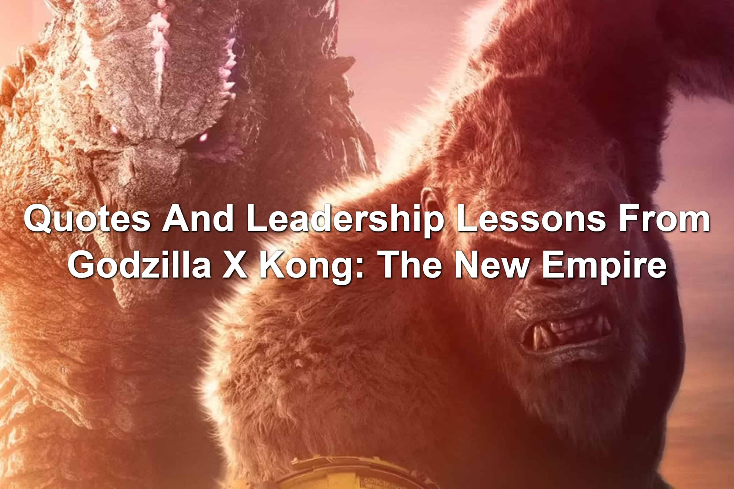 Godzilla and Kong (two gigantic creatures) charging forward with a pinkish background
