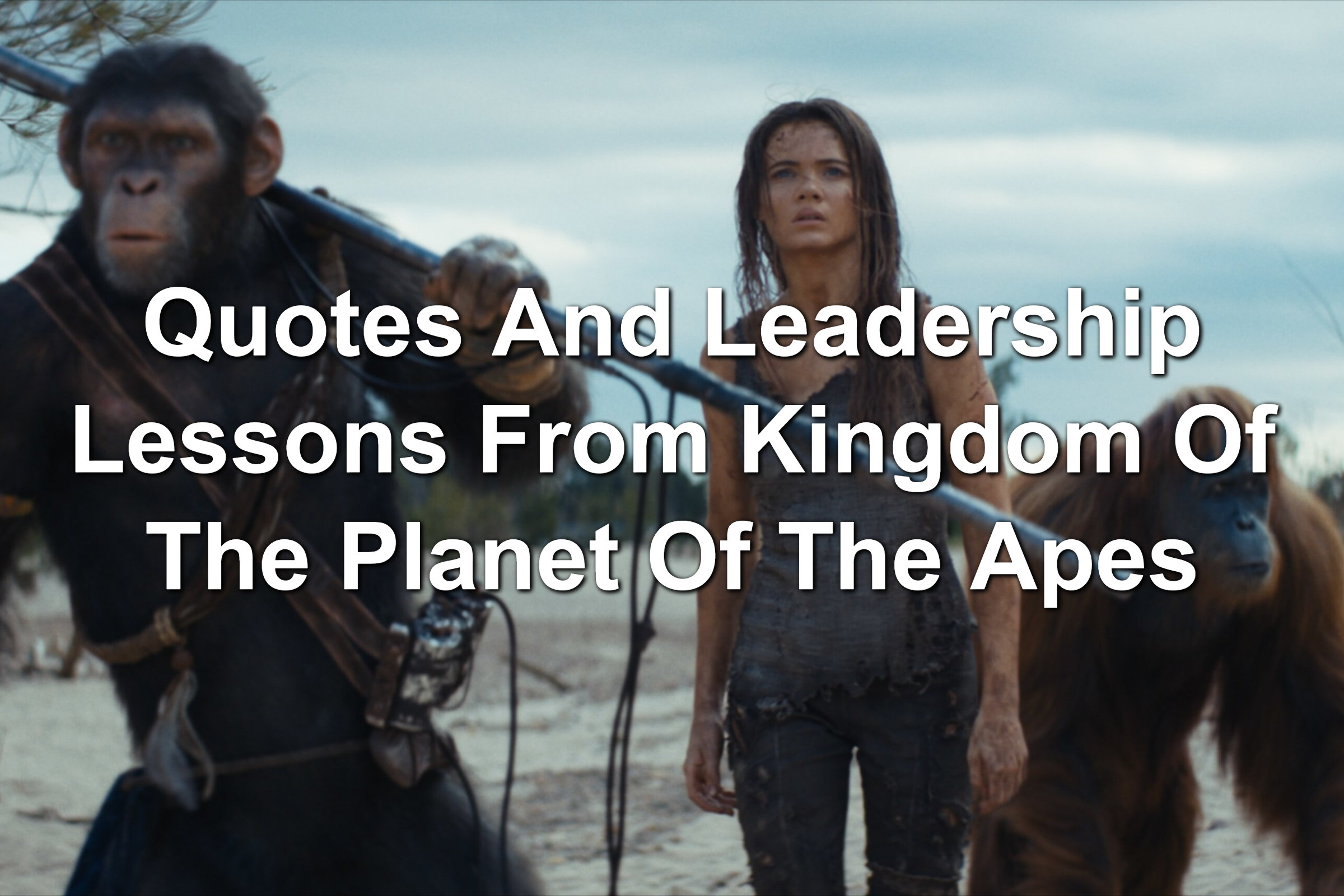 Scene from Kingdom Of The Planet Of The Apes.
Two apes are walking with a human woman. They are Noa and Raka and the woman is Mae.